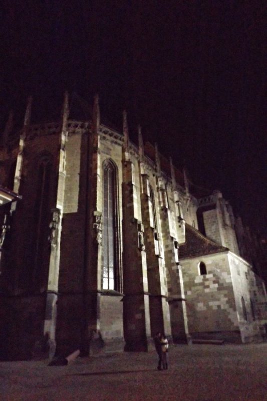 The Black Church in Brasov, during a foggy night.