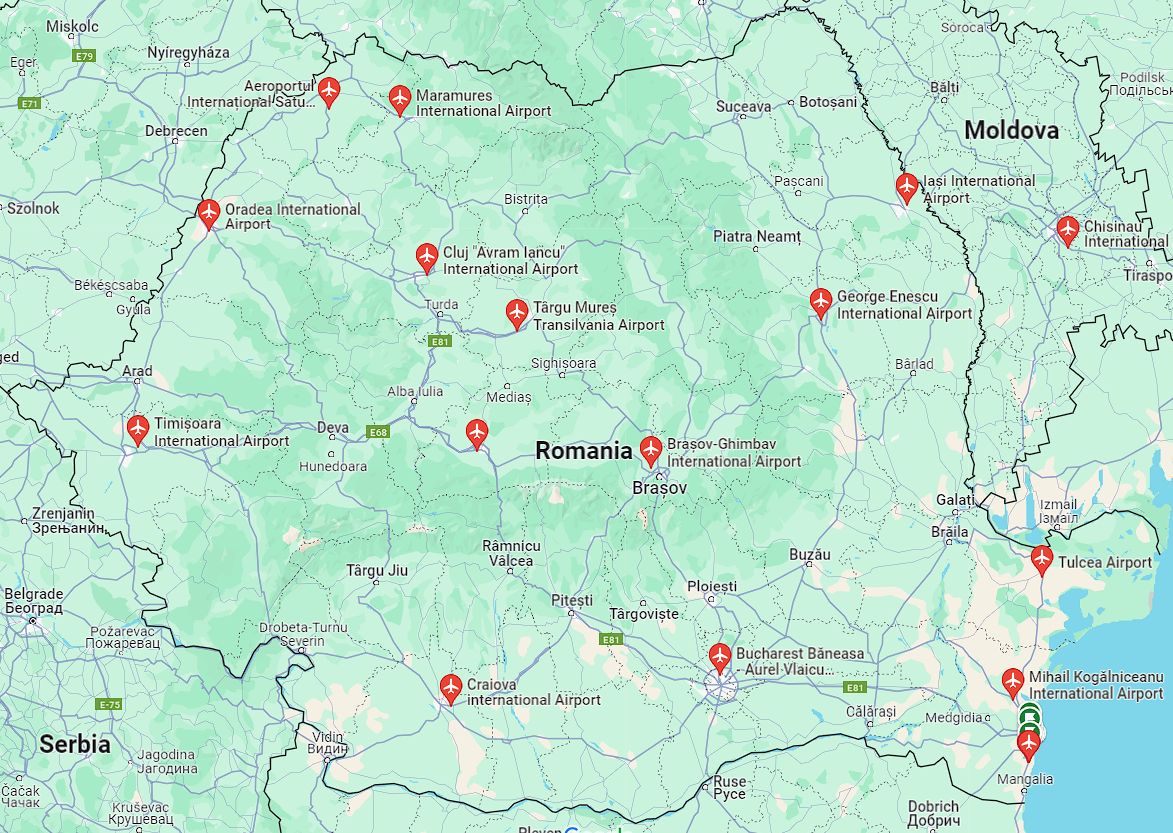 Romania airports on the map