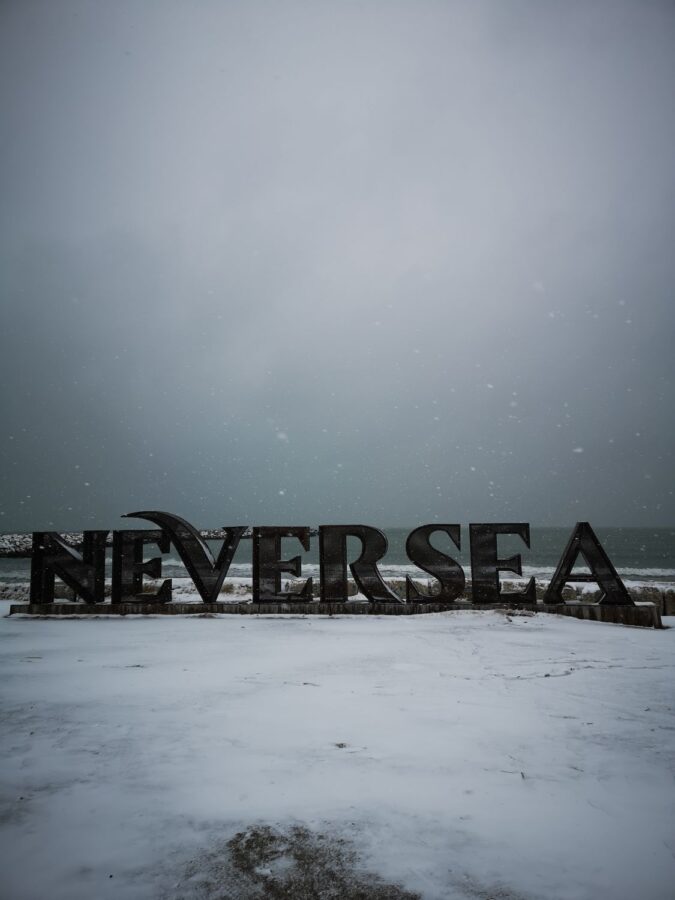 Neversea sign during the winter