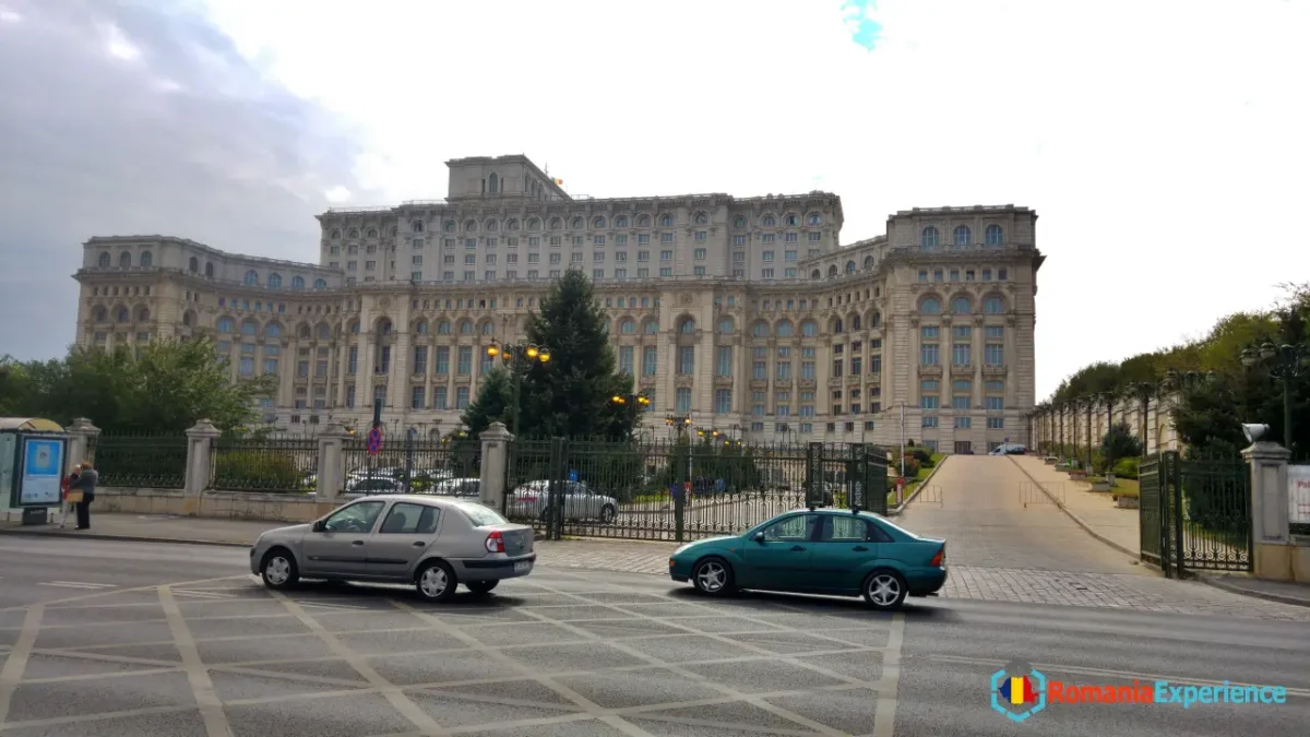 Entryway to the Palace of Parliament in Bucharest