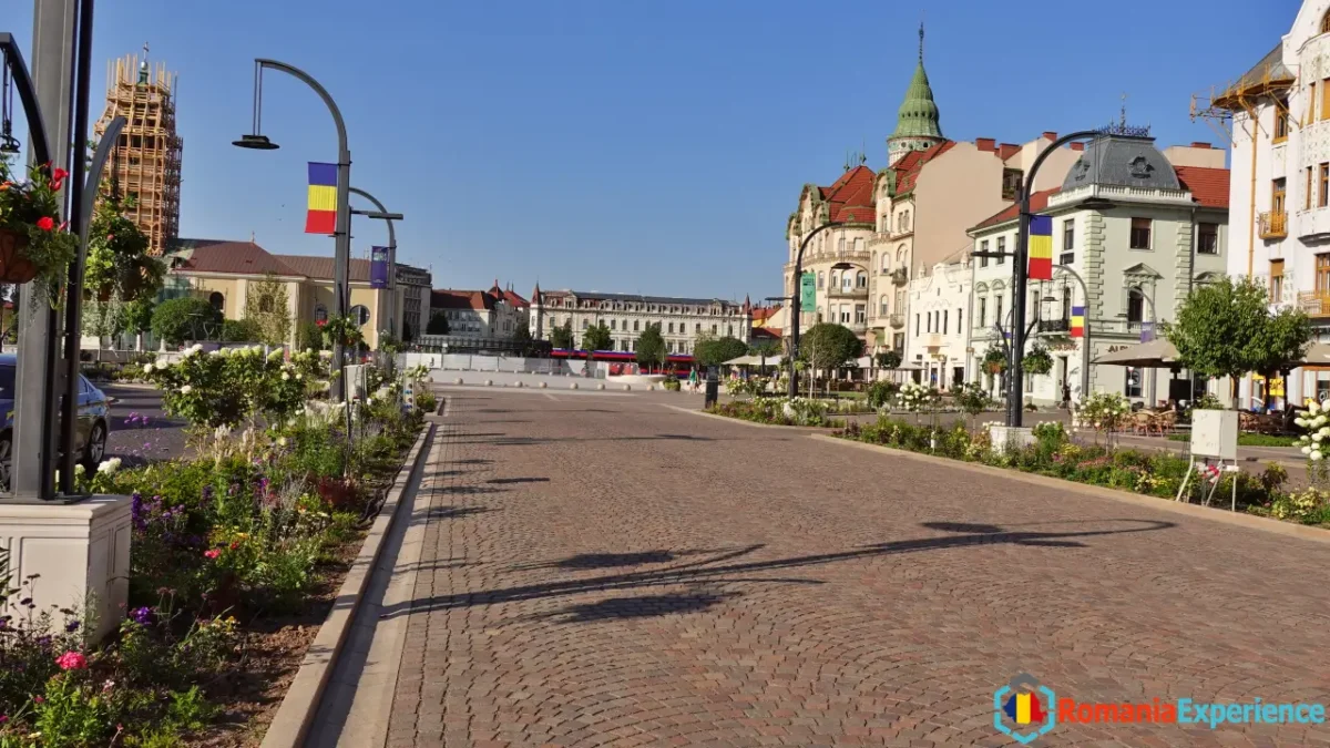 Oradea pedestrian area with beautiful buildings