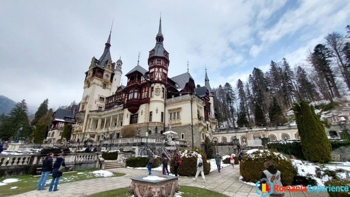 Wide view of Peles Castle in Spring